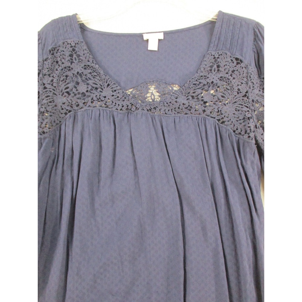 Hinge Navy Blue Lace Yoke Clip Dot Long Sleeve Tie Cuff Blouse XS - Picture 2 of 9